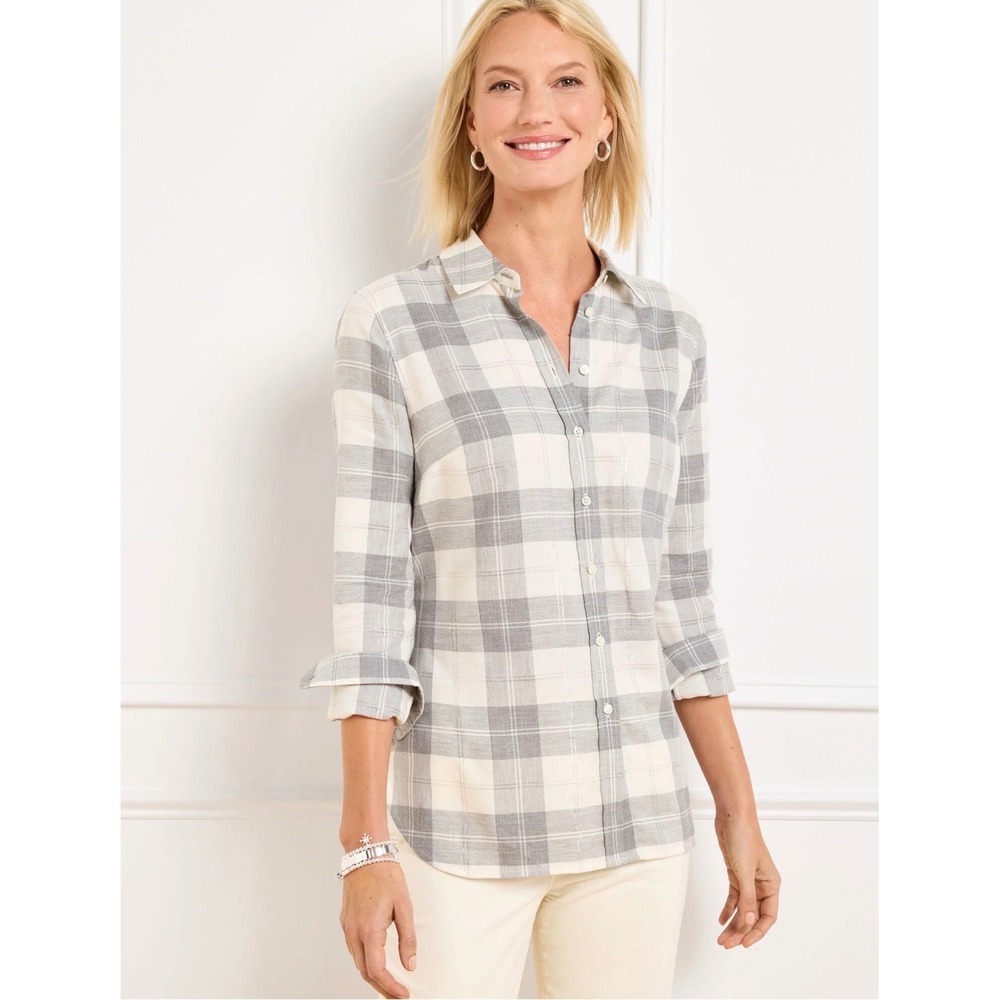 Talbots Petite Grey White Plaid Metallic Button Down Shirt Large Petite LP